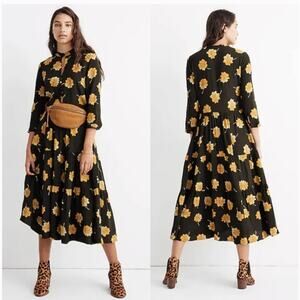 Madewell Button Front Tier Dress in Fall Flowers - Green Yellow - Floral - Sz. S